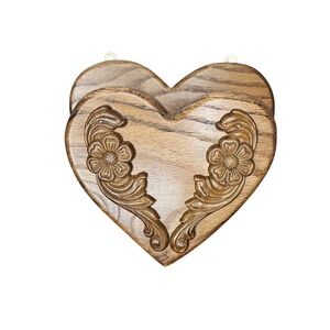 Vtg Carved Oak Wood Heart Wall Hanging Towel Bar Floral Scroll Decor
